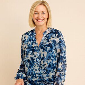 Chico's Blue White Abstract Print Long Sleeve Blouse Large
